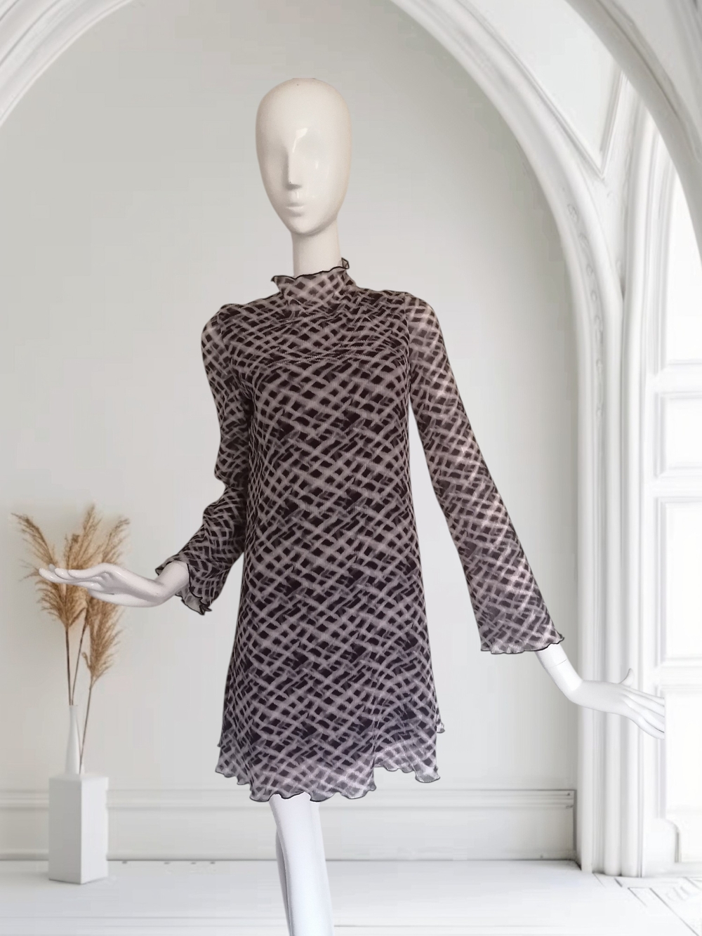 Frank & Oak Black and Cream Lattice-Print Mock-Neck Long-Sleeve Dress